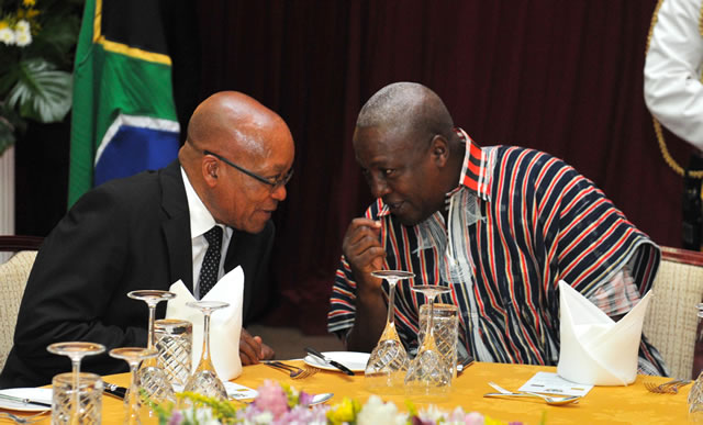 President Zuma with Ghanaian President Dramani Mahama at the gala dinner hosted by President Dramani Mahama at the State House during President Zuma's State Visit. Source: GCIS