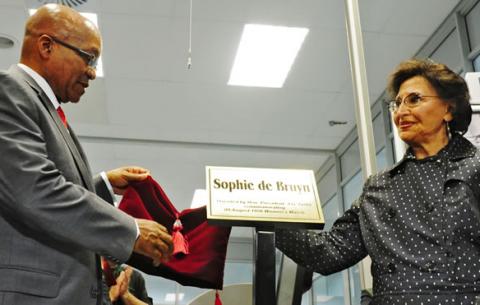 President Jacob Zuma and Sophie De Bruyn. President Jacob Zuma renames four machines at Government Printing Works after the stalwarts of the Women's March to Pretoria which took place on 9 August 1956. Source: GCIS