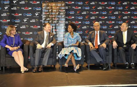 Minister of International Relations and Cooperation Maite Nkoana-Mashabane at a Morning Live, New Age Breakfast show.  With her is Brazilian Sherpa Amb Maria Edileuza Fontenelle Reis (far left), Russian Sherpa Amb Vadim Lukov (second to left), centre Minister Maite Nkoana-Mashabane, India's Sherpa Amb Pinak Ranjan Chakravarty and China's Sherpa DG Zhang Jun. Source: GCIS
