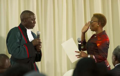 Small Business Development Minister Lindiwe Zulu being sworn in by Deputy Chief Justice Dikgang Moseneke. Source: GCIS