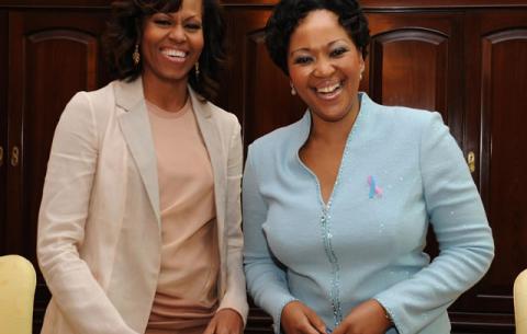 Mrs Thobeka Zuma and the First Lady of the US Mrs Michelle Obama interact in the Yellow Lounge at the Union Buildings. Source: GCIS