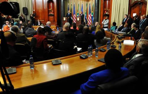 President Jacob Zuma and US President Barrack Obama during a press briefing at the Union Buildings in Pretoria. Source: GCIS