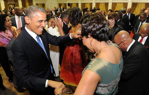 US President Barack Obama and Mrs Thobeka Zuma at the dinner hosted in honour of Obama's visit. Source: GCIS