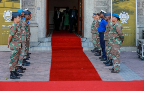 Members of the South African National Defence Force stand guard outside the Cape Town City Hall during SONA rehearsals. 