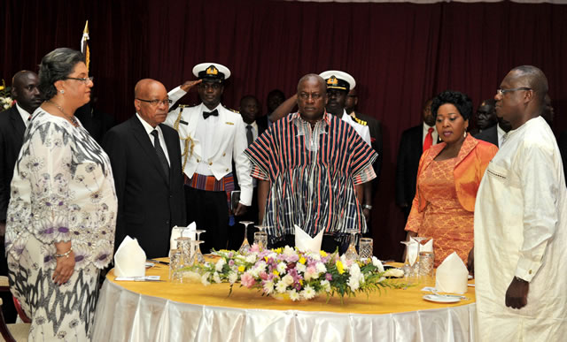 President Zuma with Ghanaian President Dramani Mahama at the gala dinner hosted by President Dramani Mahama at the State House during President Zuma's State Visit. Source: GCIS