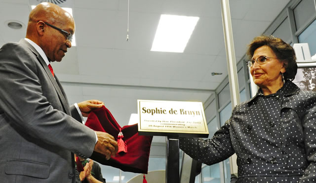President Jacob Zuma and Sophie De Bruyn. President Jacob Zuma renames four machines at Government Printing Works after the stalwarts of the Women's March to Pretoria which took place on 9 August 1956. Source: GCIS