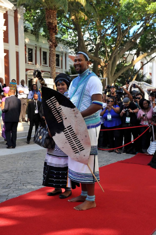Chief Mandla Mandela and his wife Nodiyala pose for photographers on arrival at Parliament. Source: GCIS