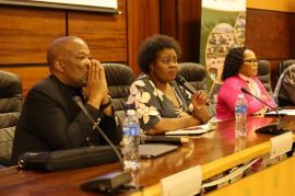 Human Settlements Minister Mmamoloko Kubayi, flanked by her deputy, Pam Tshwete at a meeting.