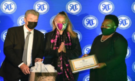 Left- Mr Patrick O’Leary receiving his SADC certificate of recognition during the 2021 SADC Media Awards Dinner, Middle- SADC NAC Deputy Chairperson, Ms Amina Frense and Right- Ms Phumla Williams, GCIS Director- General handing over the certificate to the winner. Photo: DIRCO
