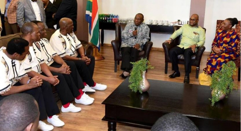 President Cyril Ramaphosa and Minister Nathi Mthethwa during a meet and greet session with members of the internationally acclaimed and multi-award winning music group, the Ladysmith Black Mambazo before the concert in honour of the late former President Nelson Mandela at the State Theatre in Tshwane.
