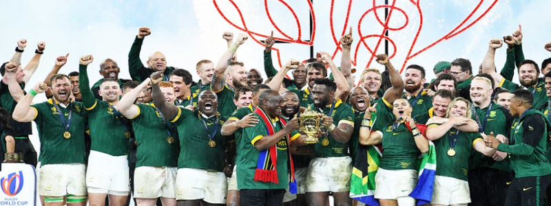 President Ramaphosa lifts the Webb Ellis Cup with the Springboks, who in 2023 became the first team in the world to win the Rugby World Cup four times.