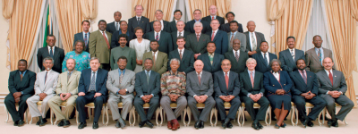 The first democratically elected President of South Africa, Nelson Mandela, with his Cabinet and Deputy Ministers.