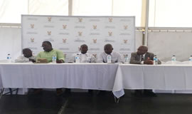 Police Minister Nhleko (2nd from left) and Justice Minister Masutha (2nd from right) at the community imbizo in KwaMashu
