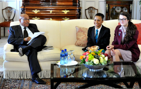 President Jacob Zuma hosted Matriculants Merissa Schikker - Ceddar High School (Blue jacket) and Maxine Gibb - Westford High School (Red Jacket) gathering their ideas ahead of the State of the Nation Address at his official residence in Genadendal, Cape Town. Source: GCIS.