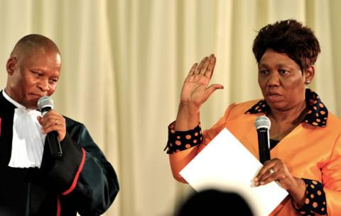 Minister of Basic Education Angie Motshekga being sworn in by Chief Justice Mogoeng Mogoeng. Source: GCIS