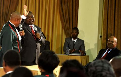 Minister of Higher Education and Training Blade Nzimande being sworn in by Chief Justice Mogoeng Mogoeng. Source: GCIS