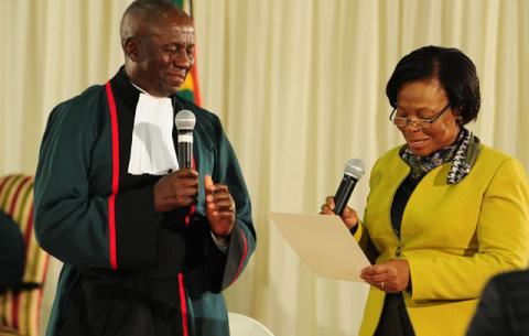 Minister of Women Susan Shabangu being sworn in by Chief Justice Mogoeng Mogoeng. Source: GCIS