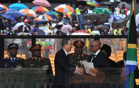 President Zuma and UN Secretary General Ban Ki-Moon at FNB Stadium during Madiba memorial. Source: GCIS