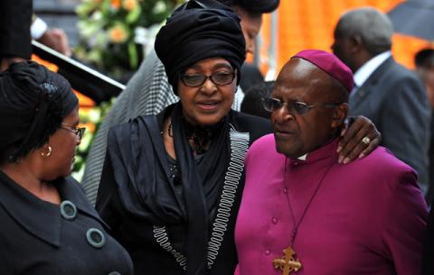 Winnie Madikizela-Mandela and Archbishop Desmond Tutu at Madiba memorial. Source: GCIS