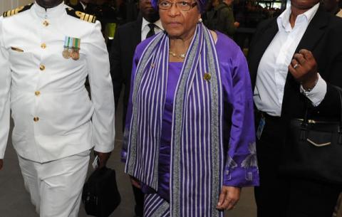 Liberian President Ellen Johnson Sirleaf (middle) at Madiba memorial, FNB Stadium. Source: GCIS