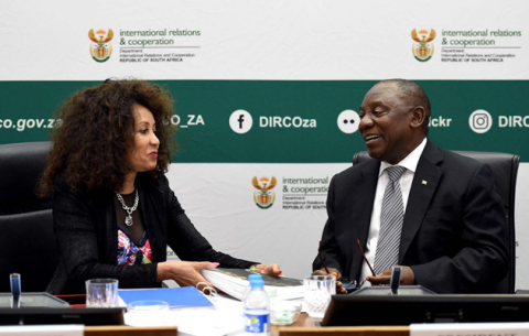 DIRCO Minister Lindiwe Sisulu and President Ramaphosa meet at DIRCO offices.
