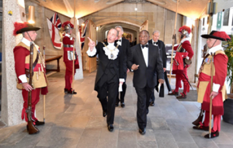 President Cyril Ramaphosa is welcomed by Lord Mayor Charles Bowman ahead of Commonwealth Business Forum Banquet held at Guildhall in London.