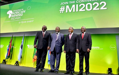 President Cyril Ramaphosa at the 2022 Investing in Africa Mining Indaba. He is with Minister Mantashe and former President Kgalema Motlanthe.
