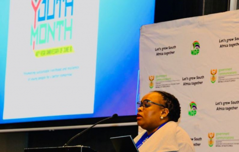 Deputy Minister in the Presidency Thembi Siweya addresses the NYDA inaugural investment roundtable.