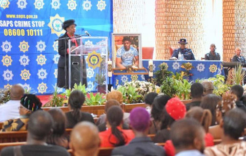 Acting President Angie Motshekga addresses memorial service for Warrant Officer Thomas Shongwe.