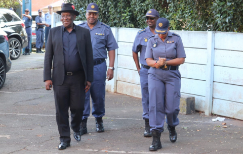 Police Minister Bheki Cele and the SAPS top brass on their way to address members in preparation for the planned protest on 20 March.