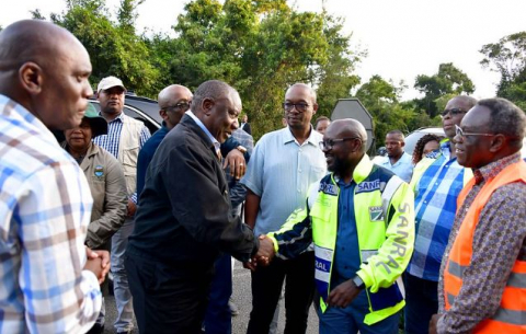 President Cyril Ramaphosa accompanied by COGTA Minister Thembi Nkadimeng in Port St Johns, OR Tambo District Municipality in the Eastern Cape, to assess the damages caused by recent flooding in the area.