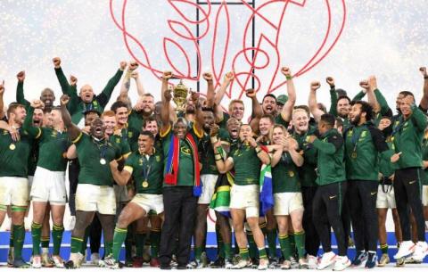 President Cyril Ramaphosa joins the Springboks on stage after winning the Rigby World Cup final against All Blacks, New Zealand.