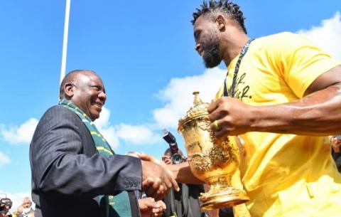 President Ramaphosa welcomes the Boks squad at the Union Buildings at the start of the Web Ellis Cup tour.