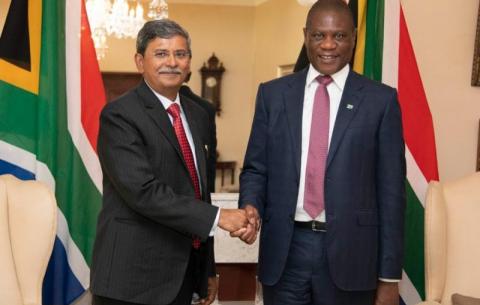 Deputy President Mashatile gets a courtesy call from Prabhat Kumar, the Indian High Commissioner South Africa at the OR Tambo Official Residence in Pretoria.