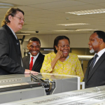 Minister of Home Affairs Naledi Pandor, Deputy President Kgalema Motlanthe and Chief executive Officer of GPW Prof. Anthony Mbewu inspecting equipment to be used for producing Smart Identity Cards at Government Printing Works in Pretoria ahead of the official launch on Nelson Mandela Day. Source: GCIS
