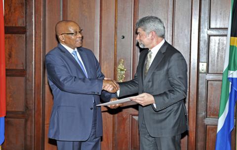 President Jacob Zuma receive Letters of Credence from Ambassador of Canada, Gaston Barban. Source: DIRCO