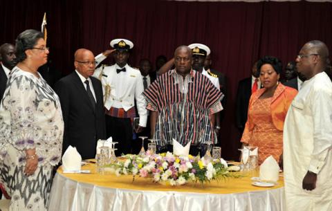 President Zuma with Ghanaian President Dramani Mahama at the gala dinner hosted by President Dramani Mahama at the State House during President Zuma's State Visit. Source: GCIS