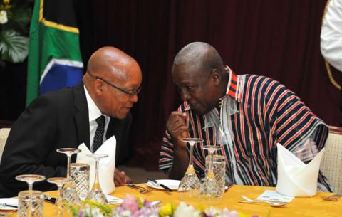 President Zuma with Ghanaian President Dramani Mahama at the gala dinner hosted by President Dramani Mahama at the State House during President Zuma's State Visit. Source: GCIS