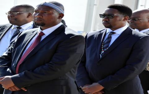 Ndaba and Mandla Mandela entering the funeral venue with President Jacob Zuma. Qunu. GCIS 