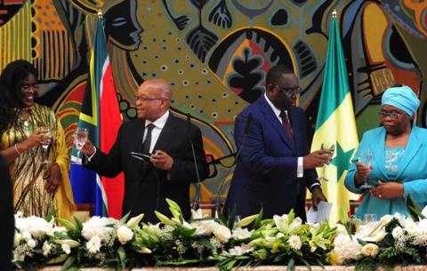 First Lady of Senegal Marièm Faye Sall, President Zuma, President Sall and Mrs Sizakele Zuma during the State banquet at the Presidential Palace in. Source: GCIS