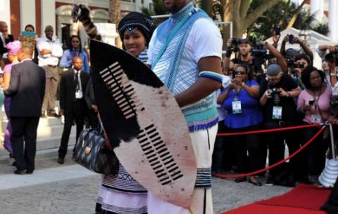 Chief Mandla Mandela and his wife Nodiyala pose for photographers on arrival at Parliament. Source: GCIS