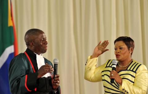 Water and Sanitation Minister Nomvula Mokonyane being sworn in by Deputy Chief Justice Dikgang Moseneke. Source: GCIS