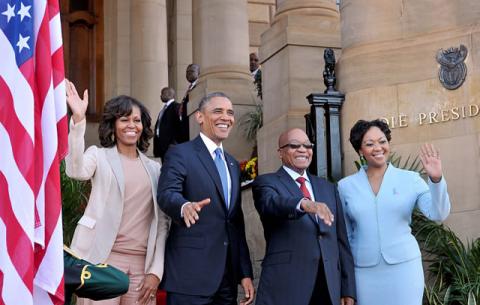 President Zuma and his wife Tobeka Zuma with US President Barack Obama and his wife Michelle Obama at the Union Buildings. Source: GCIS