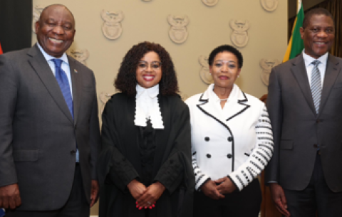 President Ramaphosa with newly sworn in Higher Education and Training Deputy Minister Nomusa Dube-Ncube and Deputy President Mashatile.