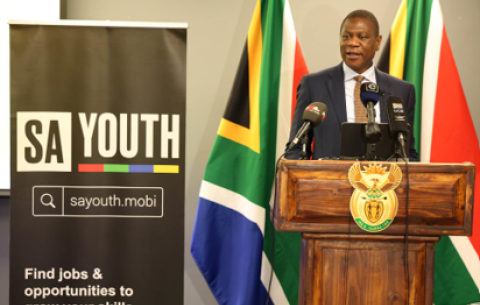 Deputy President Paul Mashatile delivers the keynote address during the SA Youth Engagement hosted by the Harambee Youth Employment Accelerator.