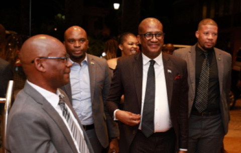 Minister in the Presidency, Kenny Morolong, at the Global South African Networking Dinner at the Serena Hotel Nairobi. He was joined by Mr. Ernst Kgopa, the Chargé d'Affaires of the South African High Commission, and Brand SA CEO Neville Matjie.