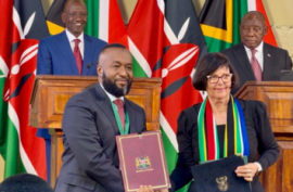 The Presidents of South Africa and Kenya, along with ministers, after signing MoUs to promote cooperation.