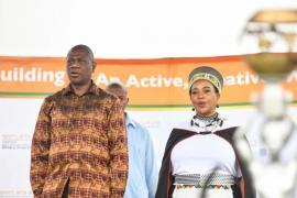 Deputy President Paul Mashatile and KZN Premier Nomusa Dube-Ncube at the 2023 Heritage Day celebration at Princess Magogo stadium in KZN.