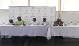 Police Minister Nhleko (2nd from left) and Justice Minister Masutha (2nd from right) at the community imbizo in KwaMashu